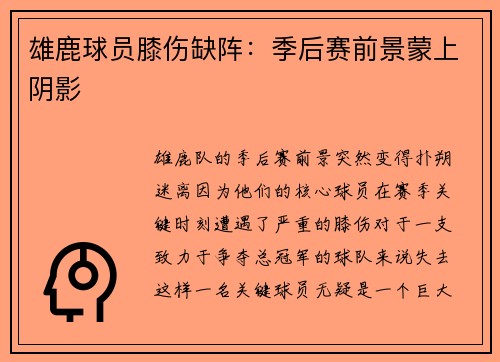 雄鹿球员膝伤缺阵：季后赛前景蒙上阴影