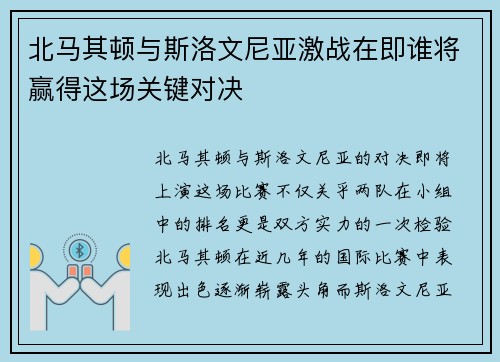北马其顿与斯洛文尼亚激战在即谁将赢得这场关键对决