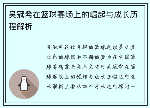 吴冠希在篮球赛场上的崛起与成长历程解析