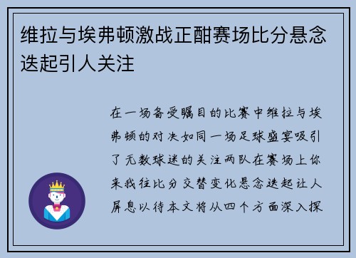 维拉与埃弗顿激战正酣赛场比分悬念迭起引人关注