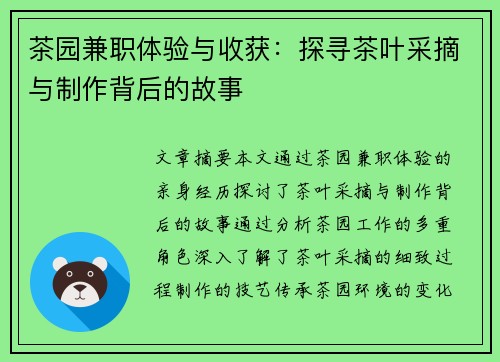 茶园兼职体验与收获：探寻茶叶采摘与制作背后的故事